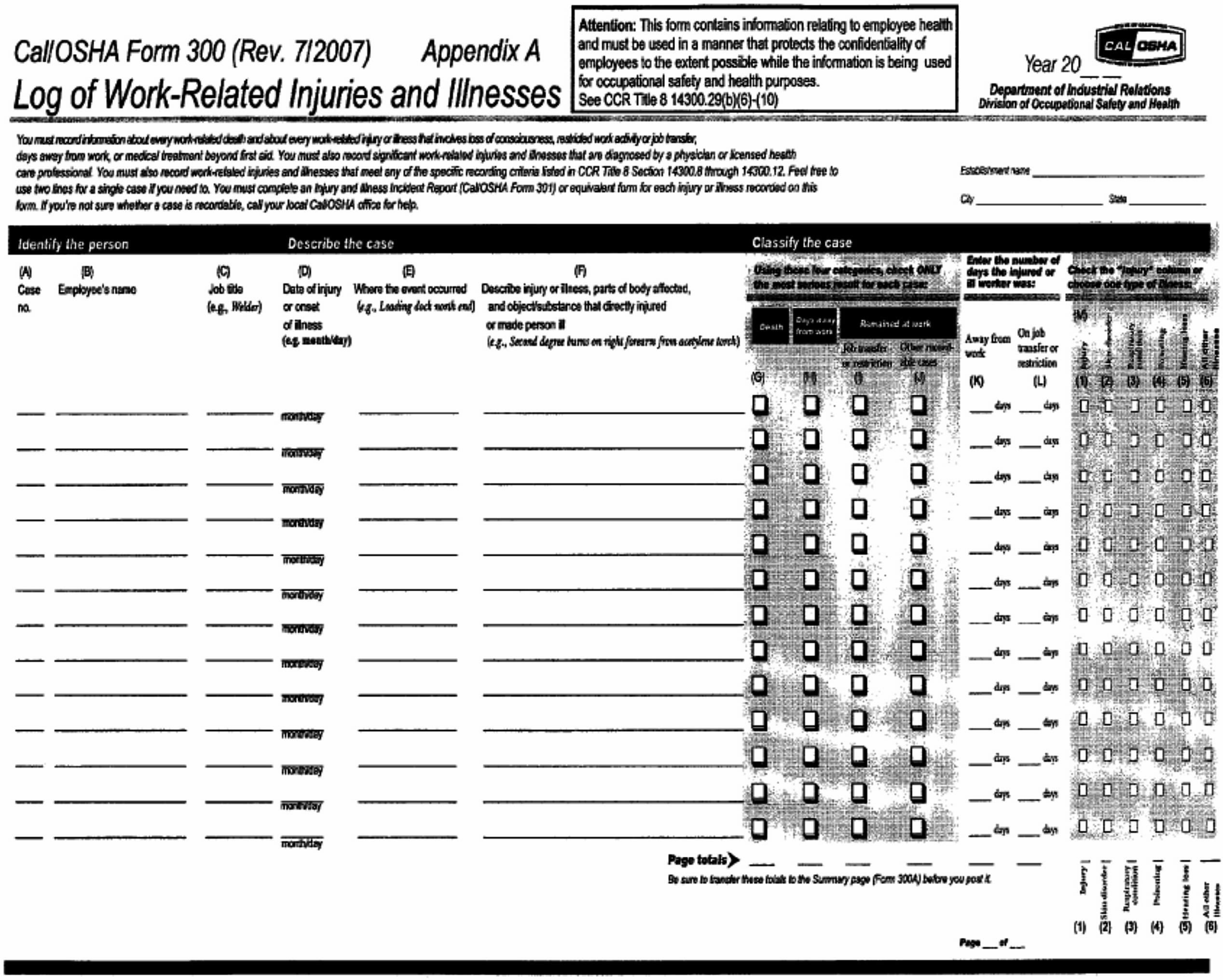 Image 1 within Appendix A Cal/OSHA Form 300 (Rev. 7/2007) Log of Work-Related Injuries and Illnesses